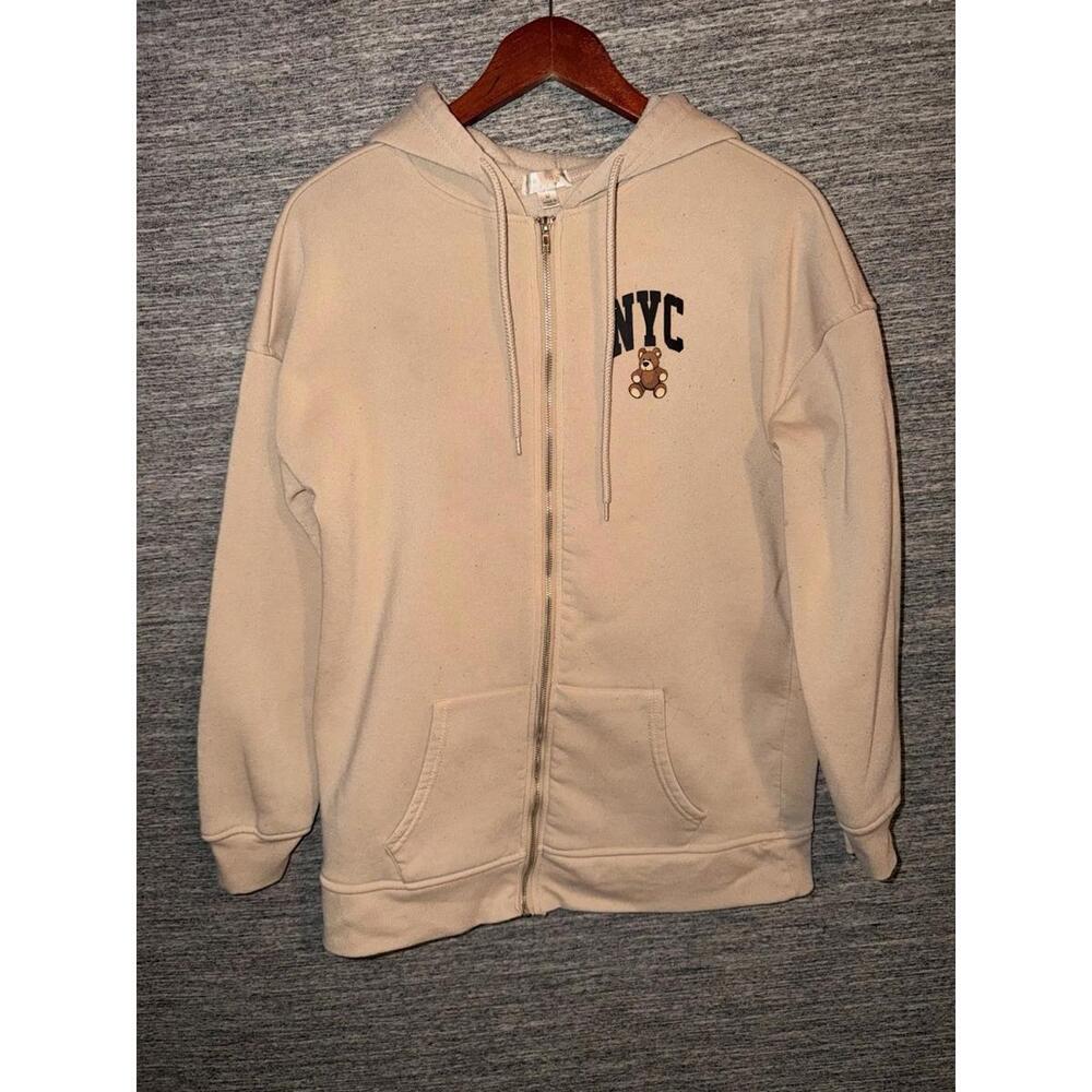 Orange Kiss NYC Teddy Bear Zip Up Hoodie Tan Beige M Downtown United States Gorp